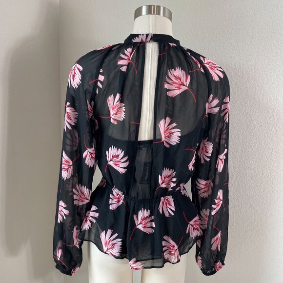 NEW Express Womens Small Floral Chiffon Blouse Long Sleeve Peplum Shirt Top - Picture 8 of 8